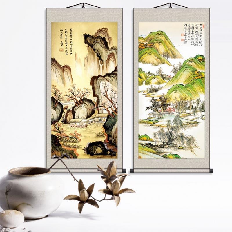 唐寅水墨写意山水画唐伯虎客厅名人挂画装饰画国画家纺家饰绢布风