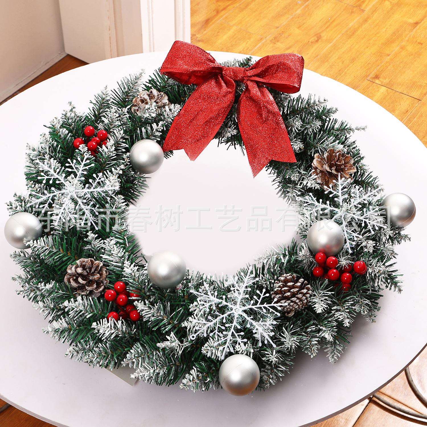 50cm新款蝴蝶结尖头喷白圣诞花环 圣诞门挂橱窗圣诞氛围装饰花环