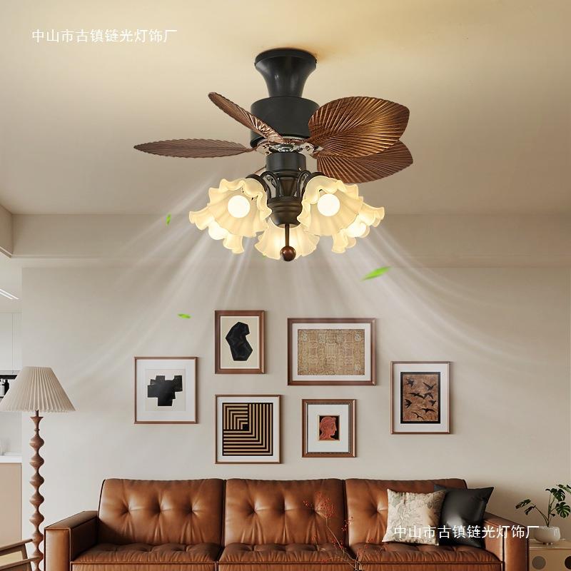 美式复古芭蕉叶风扇灯卧室风扇灯中古电扇灯餐厅客厅灯静音吊扇灯