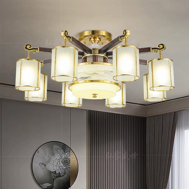 新中式吸顶灯全铜黑实木客厅灯中国风别墅餐厅高档吊灯中山灯具