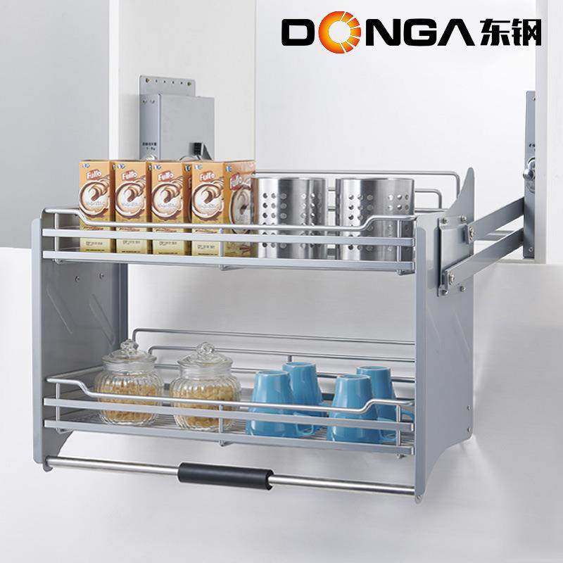 东钢厨房双层下拉式置物架调味篮橱柜上下缓冲开门式升降吊柜拉篮