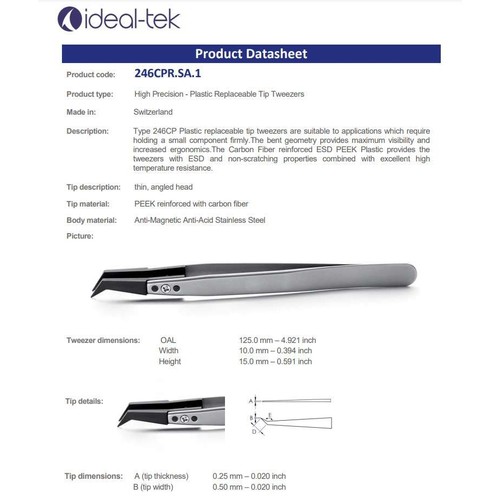 ideal-tek镊子246CPR.SA 微电子组装镊子 防静电可换头镊子