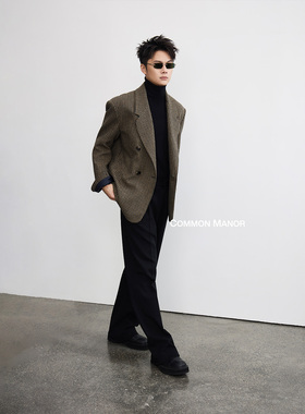 COM25AW【Paris摩登复古千鸟格双排扣】平驳领羊毛格纹西装外套