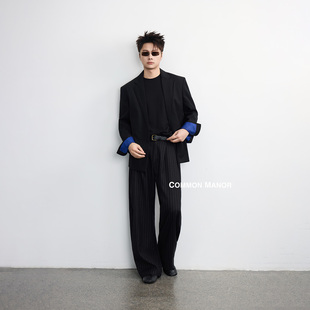 COM26SS【West coast袖口撞闪电蓝条纹】保加利亚羊毛宽肩黑西装