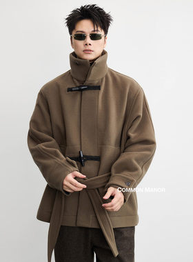 COM25AW【lemParis澳洲进口羊毛】短款牛角扣粗呢立领双面呢大衣