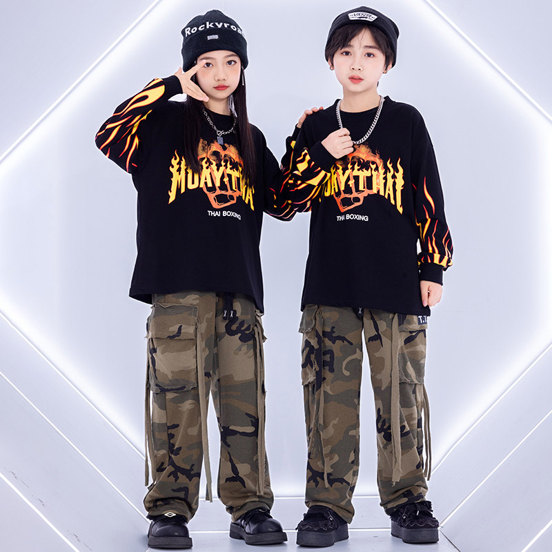 街舞儿童潮服个性男童架子鼓表演服女孩爵士舞走秀套装嘻哈迷彩裤