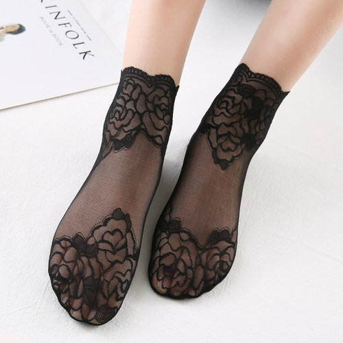 蕾丝玫瑰女花边短袜透气薄船袜女纯棉袜底