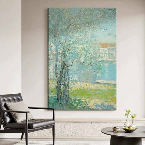 印象派抽象开花大树玄关挂画莫奈手绘油画春日湖畔风景客厅装饰画