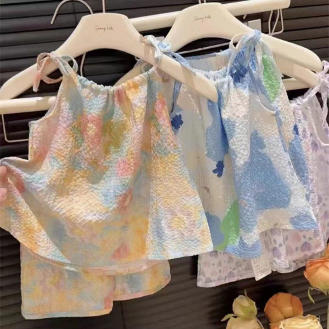 婴儿衣服夏季薄款油画风女童洋气吊带裙裤分体两件套宝宝透气夏装
