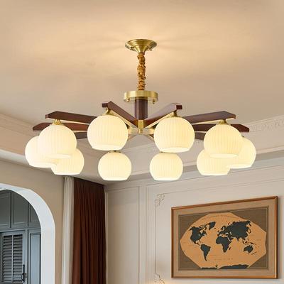 中古风客厅吊灯主灯复古中式全铜黑胡桃实木大气卧室餐厅吸顶灯具