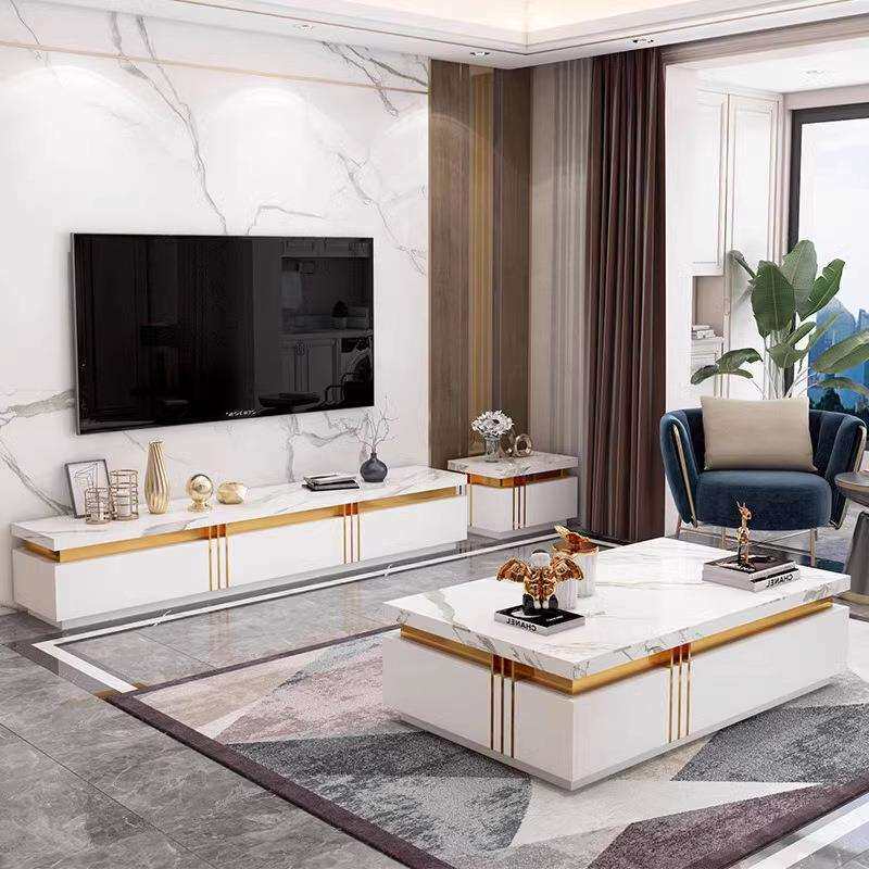 轻奢岩板茶几正方形现代简约客厅家用大户型高端白黑色电视柜组合