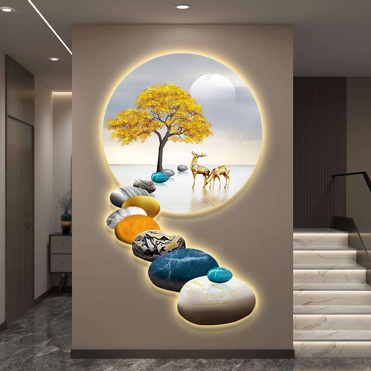 石来运转led带灯轻奢入户玄关装饰画竖版简约现代挂画壁画高级感