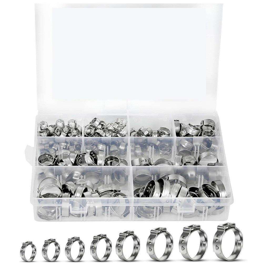 跨境145PCS盒装 304不锈钢/单耳无极卡箍喉箍 水管油管软管夹