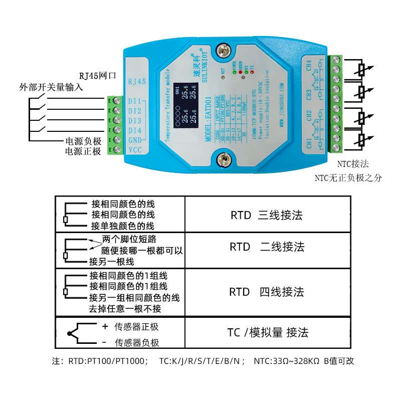 PT100转以太网TCP热电偶NTC采集EATD01  RJ45网口通信温度变送器
