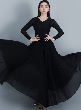 极速新疆舞蹈g演出服网纱黑色半身裙纯色女高腰古典舞裙720度大摆