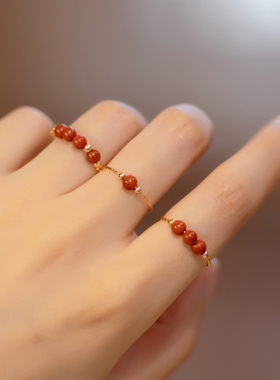 极速天然南红玛瑙轻奢名媛风14K包金叠戴气质小众个性.戒指复古风