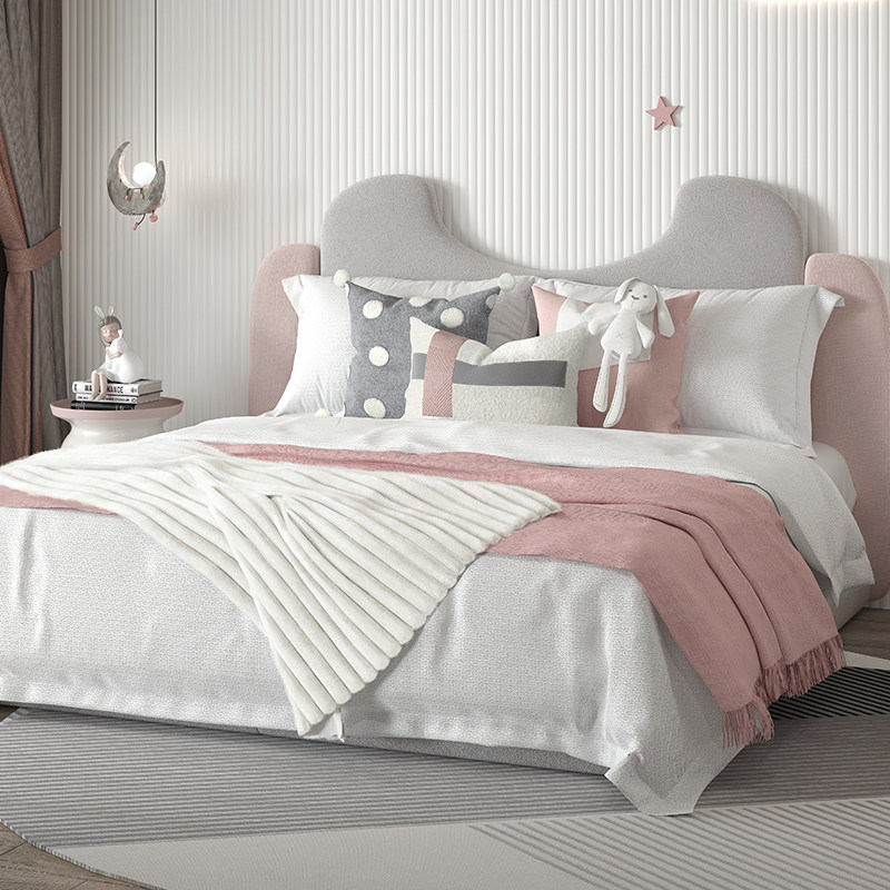 极速儿童房样板房床上用品公主风可E爱兔子女孩房灰粉色软装样板