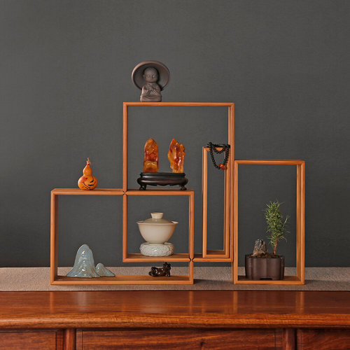 7W简约现代竹博古架多宝阁盆景摆件实木小展示柜茶具茶杯收纳组