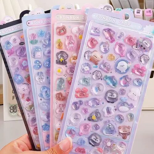日系卡通新款唯美3d立体浮雕亚克力钻石宝石贴纸儿童女孩装饰贴画