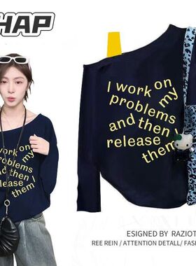 ZHAP斜领肩带长袖T恤女爆款穿搭高街字母秋季宽松百搭高级显瘦