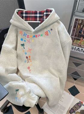 ZHAP重磅格子连帽卫衣女秋冬款花灰色百搭港风简约厚实高街上衣潮