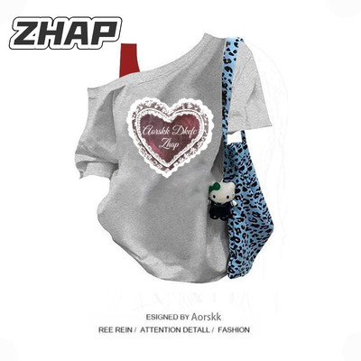 ZHAP露肩吊带宽松短袖T恤浅灰