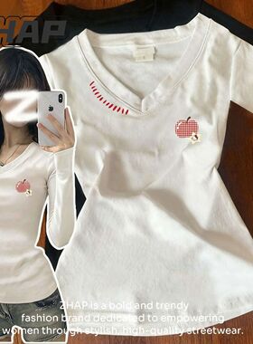 ZHAPV领长袖t恤女早秋款日系潮牌慵懒风通勤休闲百搭爆款修身上衣