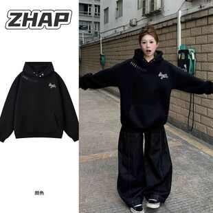 重磅纽扣连帽卫衣女秋冬款百搭港风简约厚实高街显瘦欧美风加绒潮