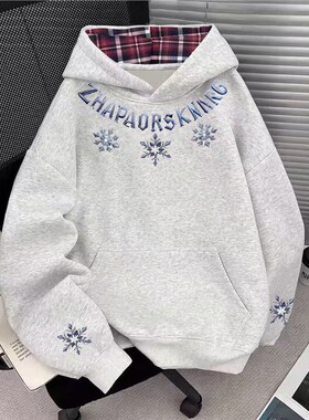 ZHAP重磅格子连帽卫衣女秋冬款花灰色ins美式设计感加绒加厚上衣