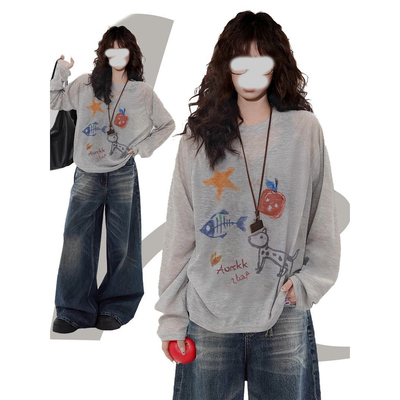 ZHAP雪花棉凉感长袖T恤女浅灰
