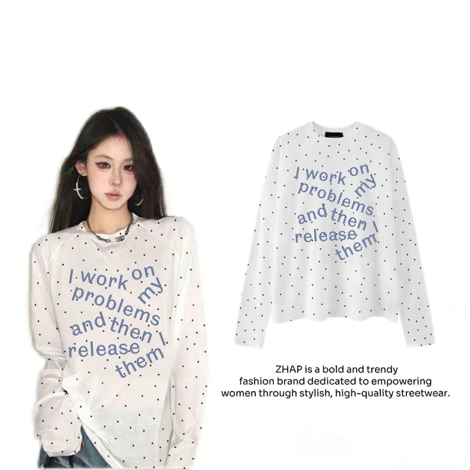 ZHAP新款圆领波点罩衫长袖t恤上衣女设计感爆款百搭港风遮肉上衣