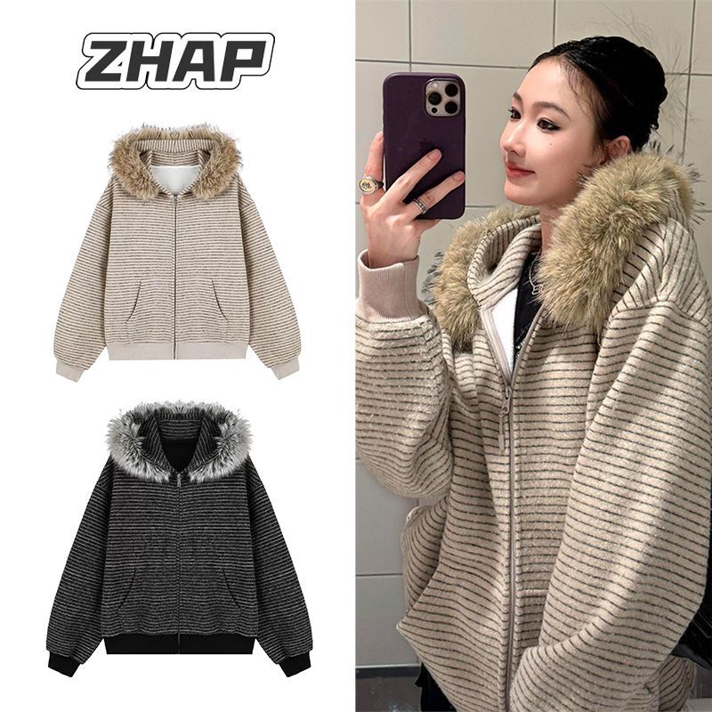 ZHAP毛领连帽条纹外套秋冬新款