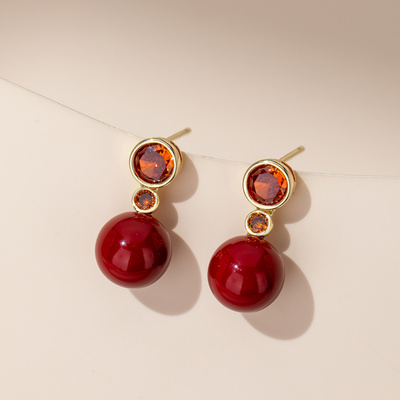 红色珠子耳环2025新款高级感轻奢新年耳饰小众气质女款银耳钉耳坠