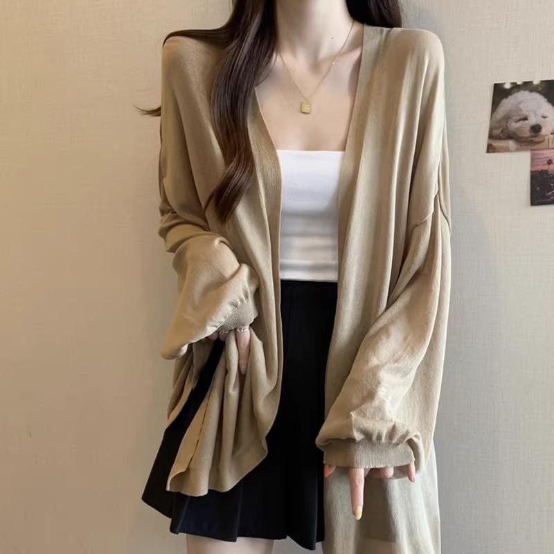大码长袖针织开衫上衣女夏季薄款胖Dmm外搭冰丝防晒罩衫中长款外