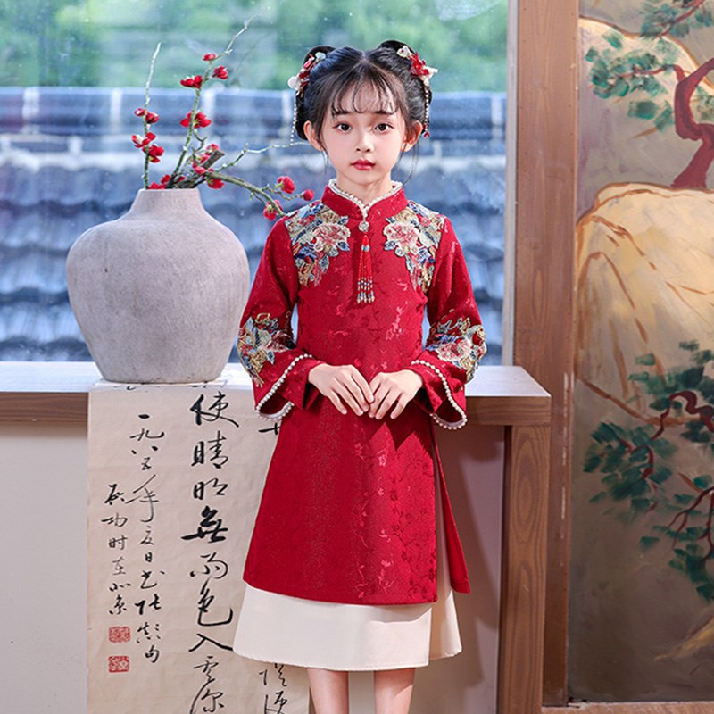 女童旗袍裙子2024新款秋冬红色儿童中式礼服小女孩国X风连衣裙冬