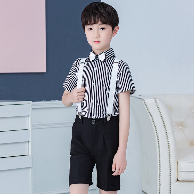 儿童小主持人g走秀演出服礼服男童西装洋气短袖背带裤夏季花童套