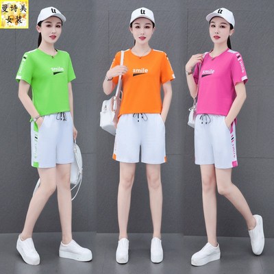 广场舞纯棉短袖短裤运动服套装女夏季时尚宽松跳S舞跑步休闲两件
