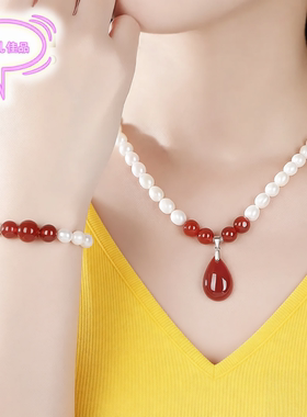 原创设计珍珠项链红玛瑙妈妈礼物