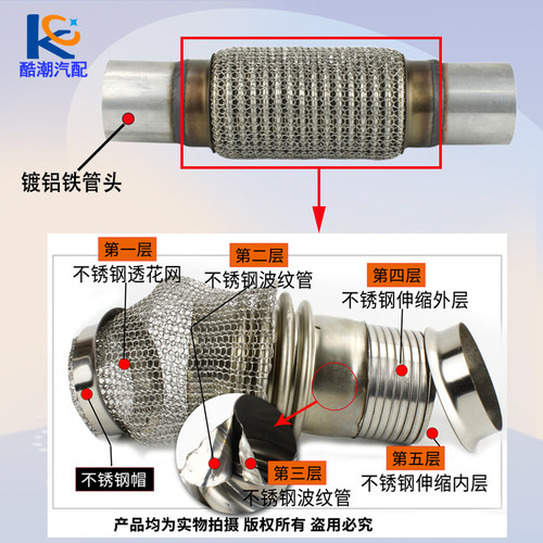 汽车排气管软连结波纹管不锈钢带焊管五层加厚缓震三元催化连接管