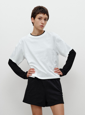 FILGood 100%棉纯色藏青/白色短袖T恤 短款宽松版型FG03T05