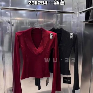 修身 2025早春新款 韓版 oV領(lǐng)喇叭袖 墊肩T恤女磨毛羊絨上 顯瘦打底衫