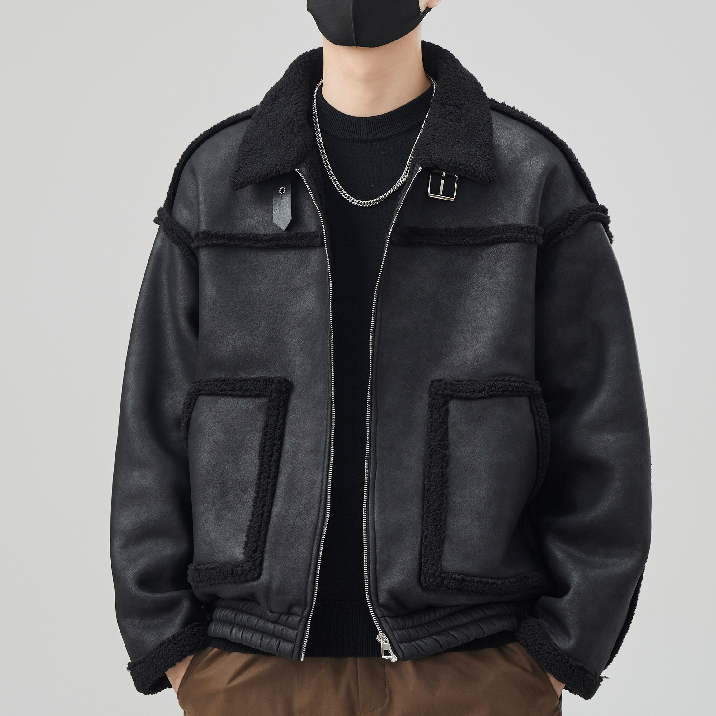 2025秋冬季潮牌仿羊羔毛绒棉服皮毛一体加绒加厚棉衣外套男士皮衣,男装,皮衣,淘宝优惠券,粉丝福利购,淘宝优惠卷