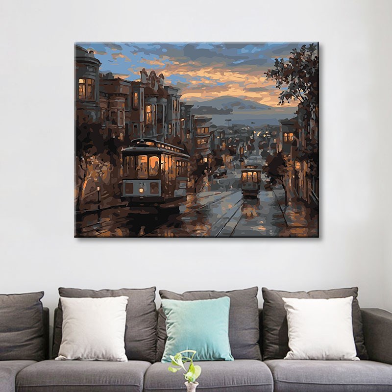 数字油画dify手绘填色油彩画动漫人物风景客厅卧室装饰画复古车站