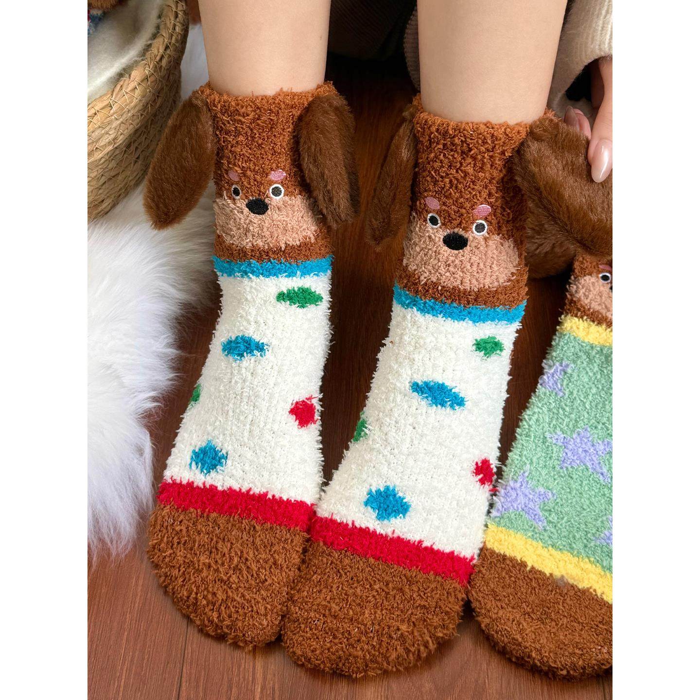 珊瑚绒袜子女秋冬加厚毛睡