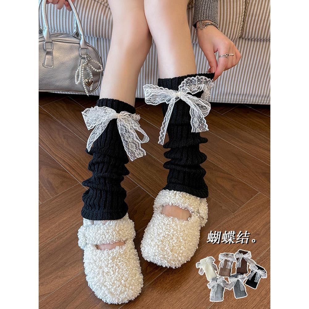 蕾丝边蝴蝶结袜套女甜美日系针织jk小腿套白色堆堆秋冬季中筒袜子