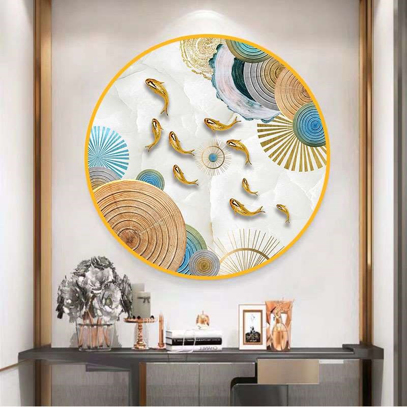 鱼图圆形玄关装饰画北欧轻w奢挂画餐厅走廊尽头银杏叶壁画客厅画图片