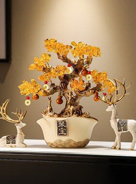 速发新中式招财猫聚宝盆开业摆件客厅玄关K电视柜发财树装饰品乔