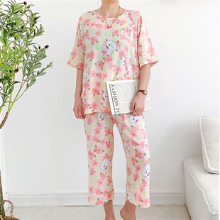 纯棉绸睡b衣女夏天薄款 甜美青年人造棉家居服套 中袖 套头加肥大码