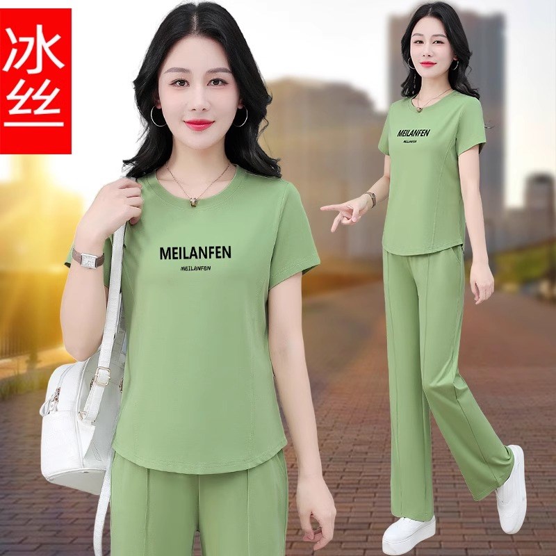 短袖休闲运动套装女2025夏季新款时尚宽松N中年妈妈装直筒裤两件