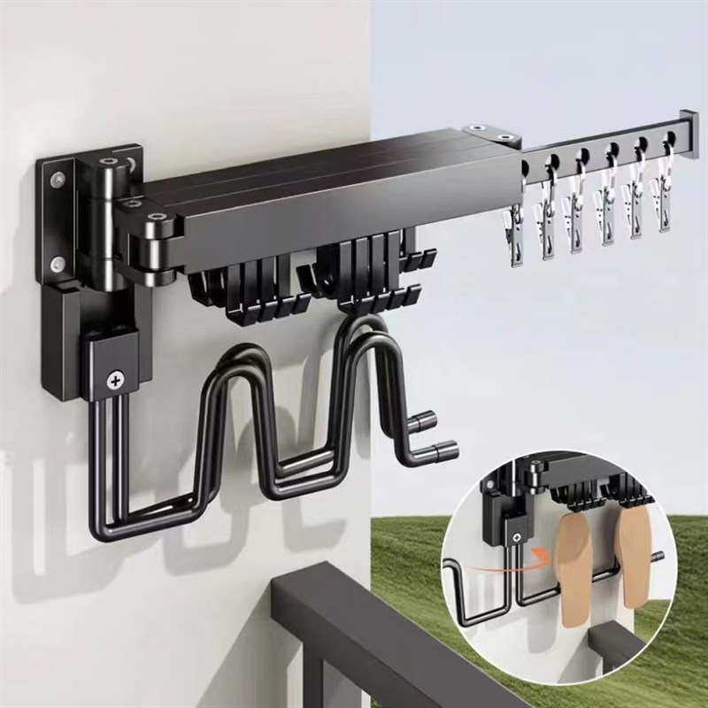 壁挂折叠晾衣架免打孔室内飘窗阳台隐形多功能伸缩晾衣杆晒鞋架